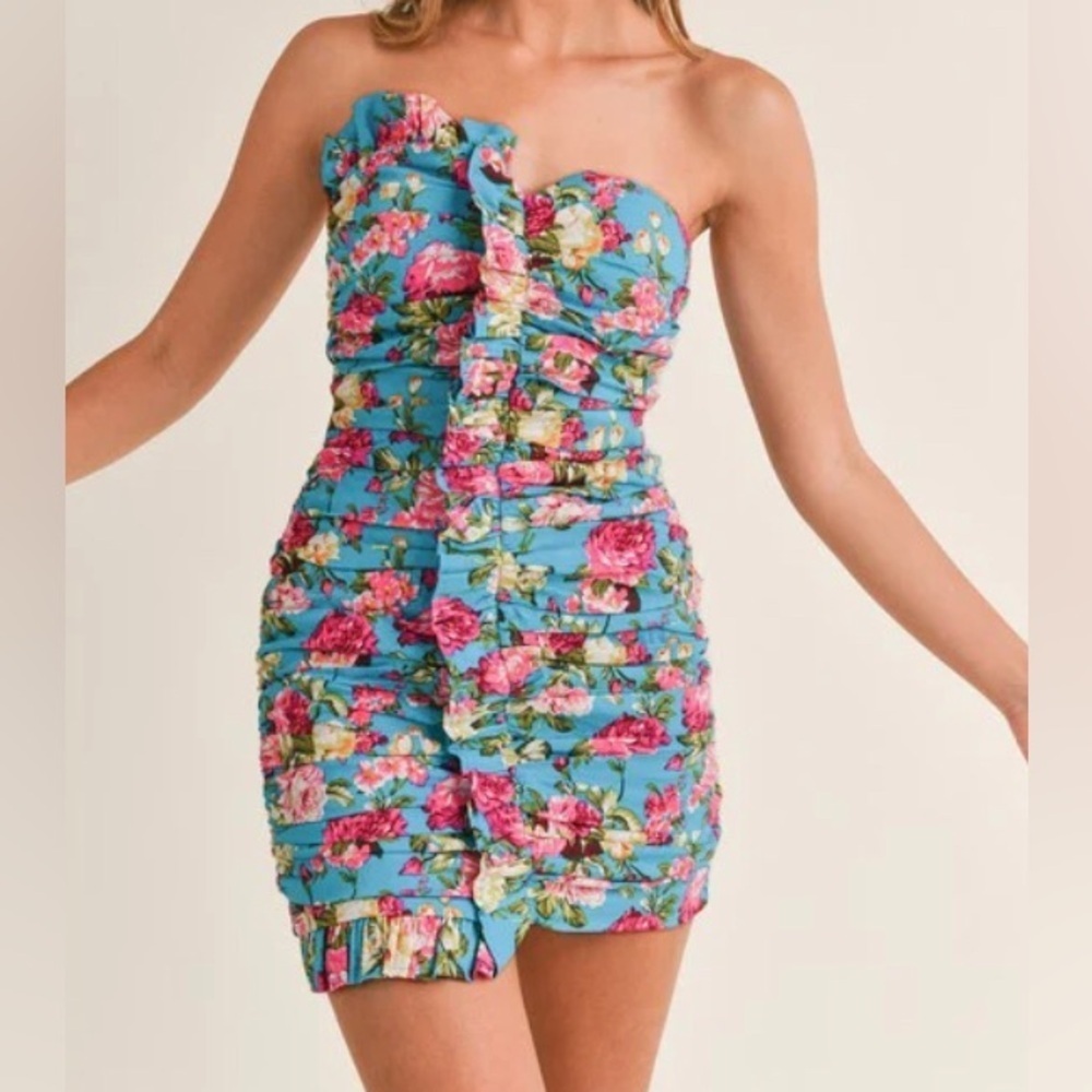 👩‍❤️‍👨Mable Blue Ruched Sweetheart Bodycon Mini Dress